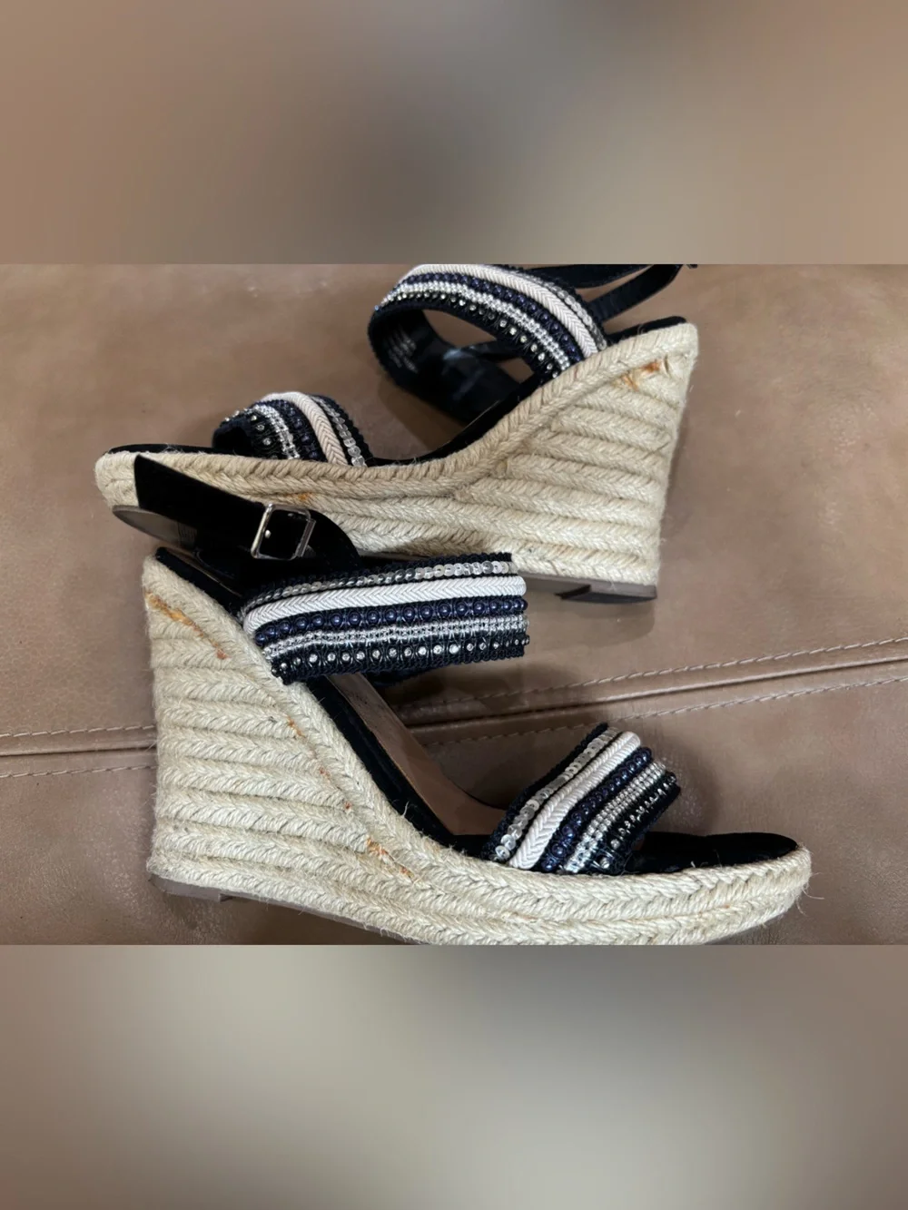 Andiamo Black Beaded Wedge Sandals with Ankle Strap